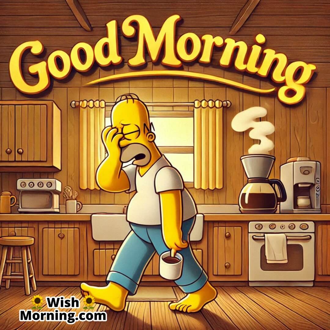 Homer Simpson entering the kitchen groggily, drawn by coffee aroma, warm Good Morning kitchen scene