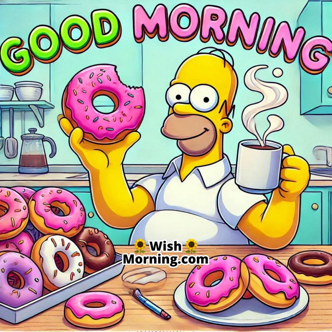 Homer Simpson in his kitchen, enjoying a donut and coffee, cheerful Good Morning scene.