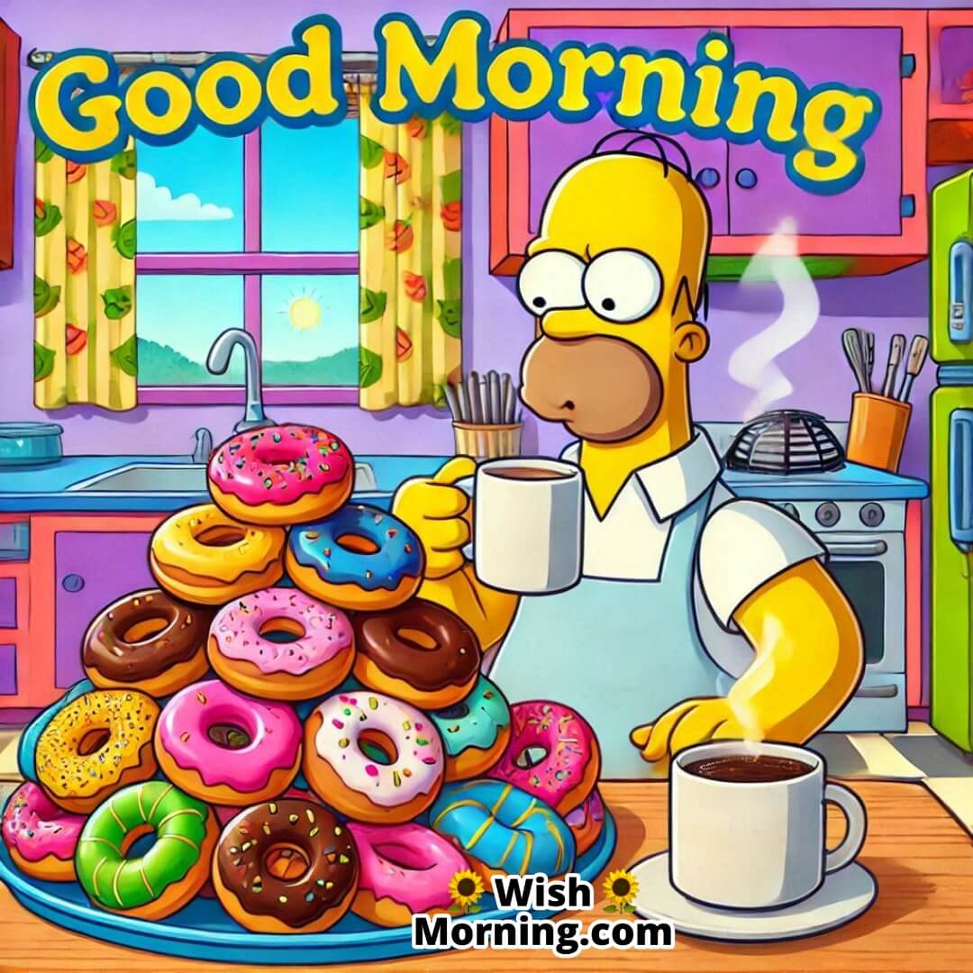 Homer Simpson admiring donuts with coffee in hand, bright kitchen morning scene, cheerful Good Morning image,