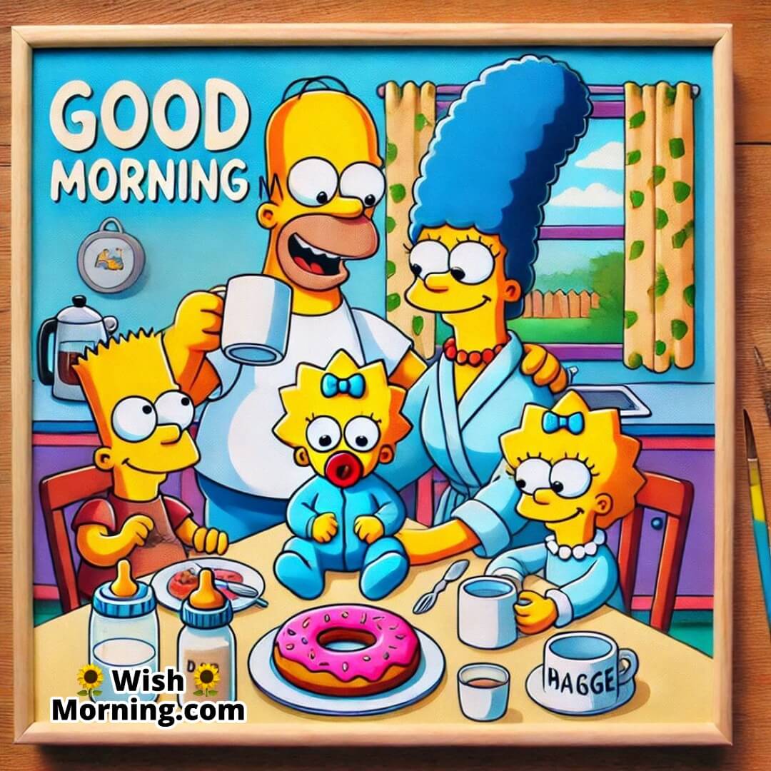 Homer Simpson with his family at the breakfast table, warm and cheerful Good Morning family scene.