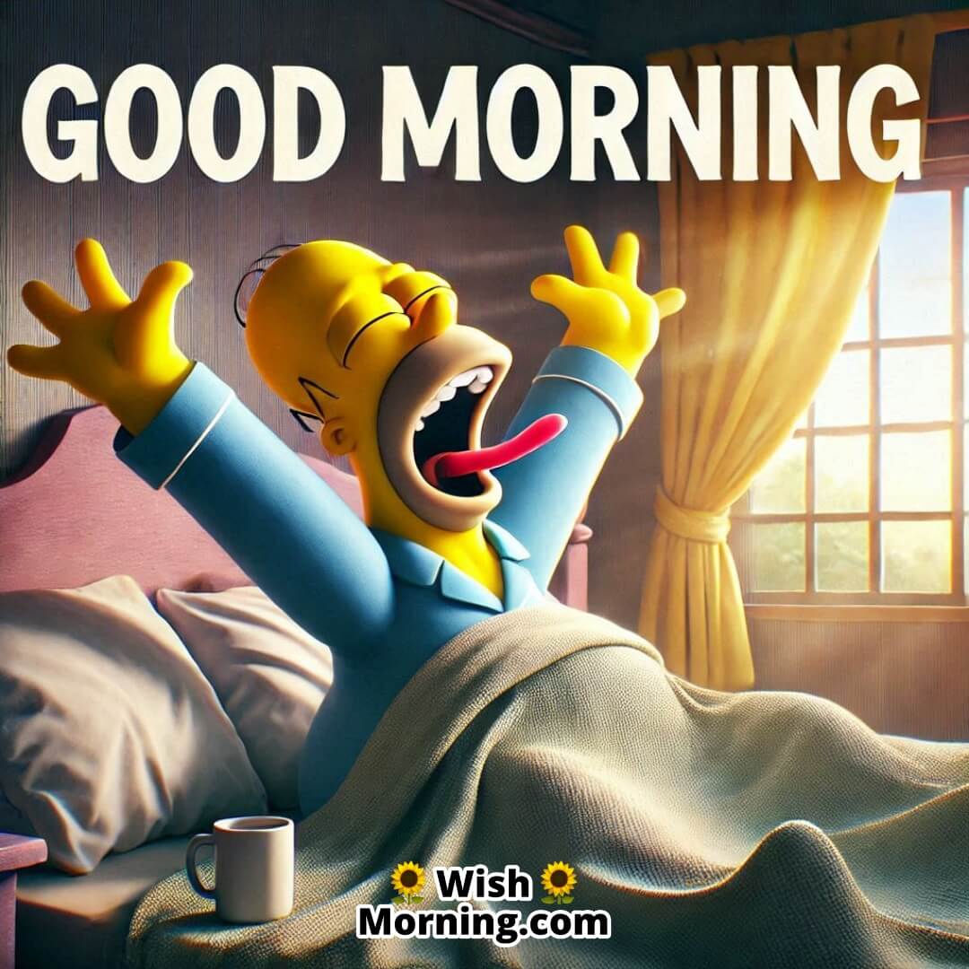 Homer Simpson stretching in bed with a yawn, bathed in morning light, cozy Good Morning image