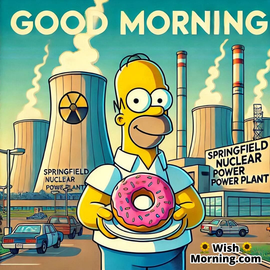 Homer Simpson outside the Nuclear Power Plant, holding a donut, with a bright Good Morning scene,