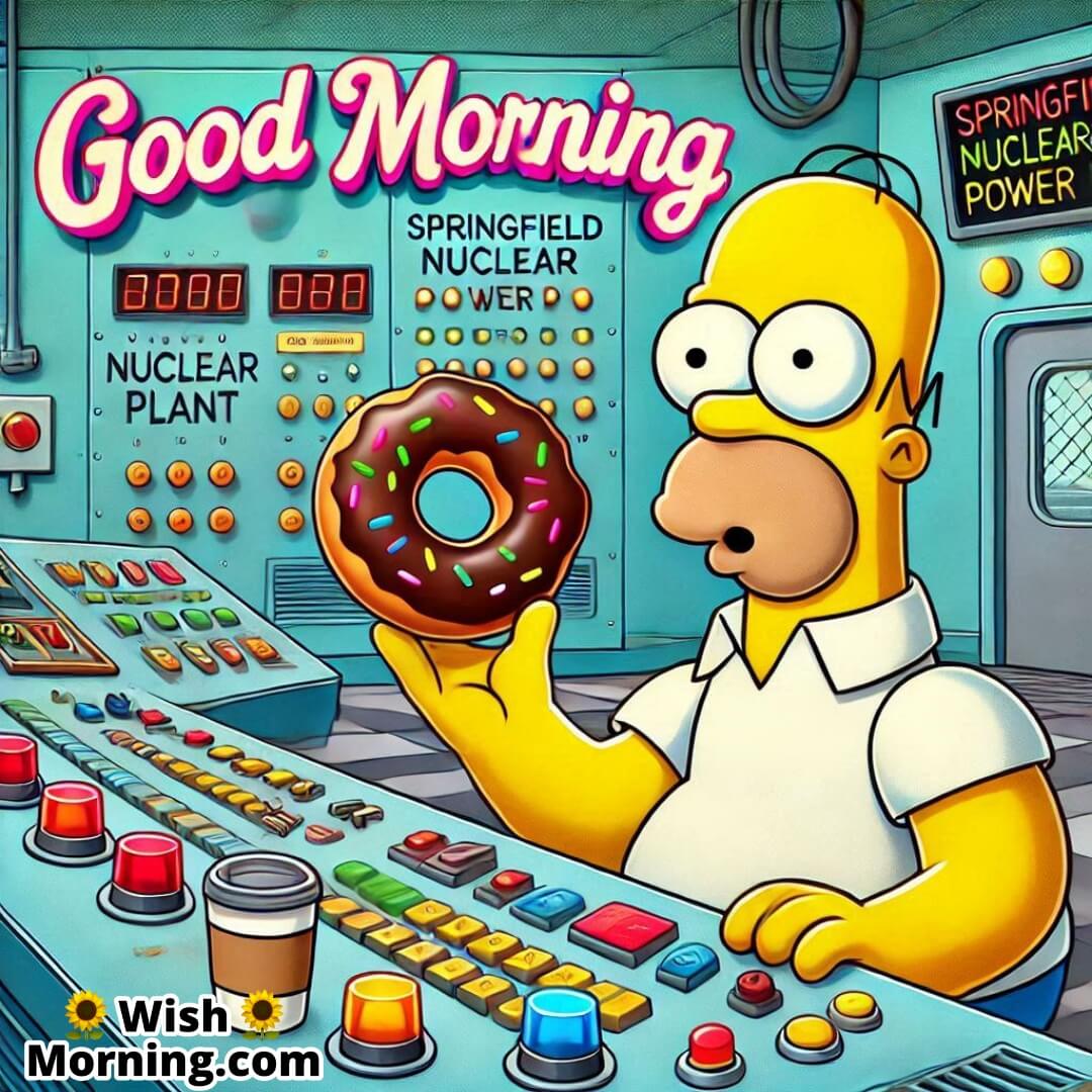 Homer Simpson at the Springfield Power Plant with a donut on the control panel, humorous Good Morning scene.