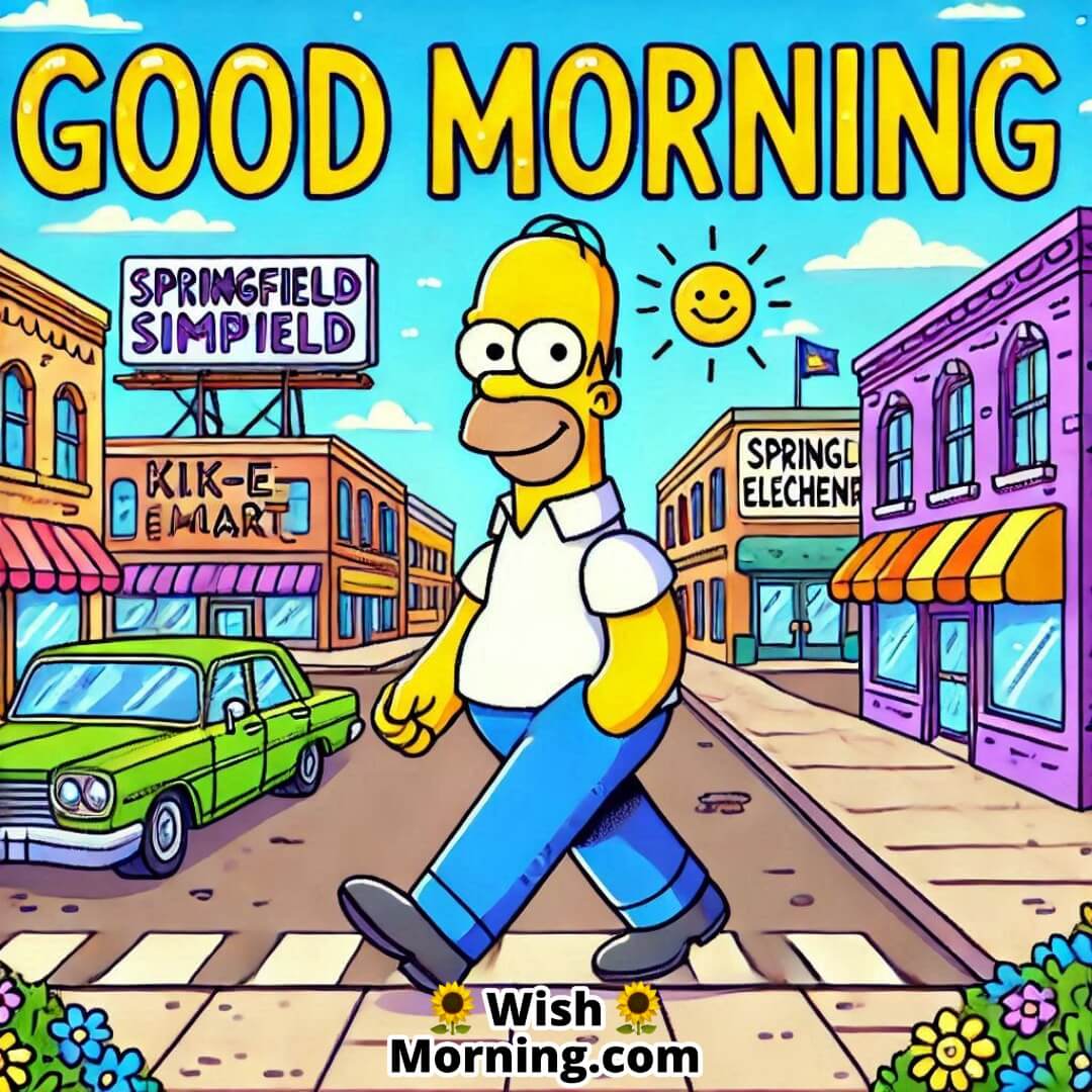 Homer Simpson walking through Springfield streets, cheerful and optimistic Good Morning scene