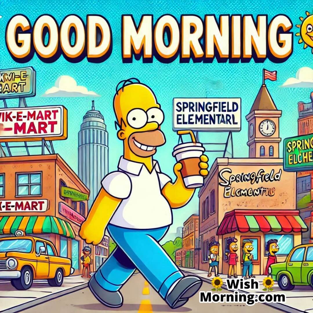 Homer Simpson walking through Springfield streets with iconic landmarks in the background, cheerful Good Morning scene.