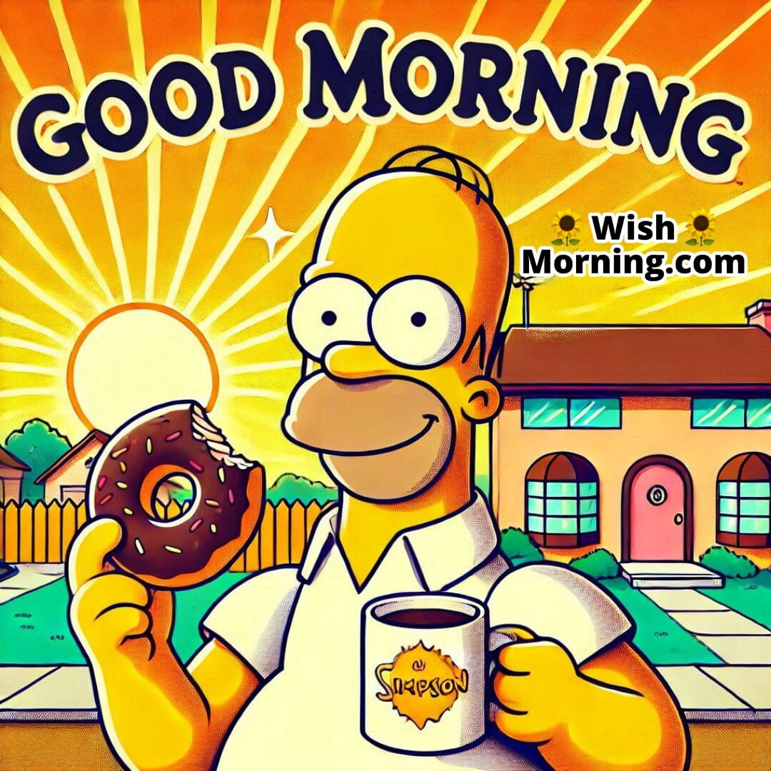 Homer Simpson outside his house, holding a donut and coffee mug, with a sunny Springfield morning backdrop