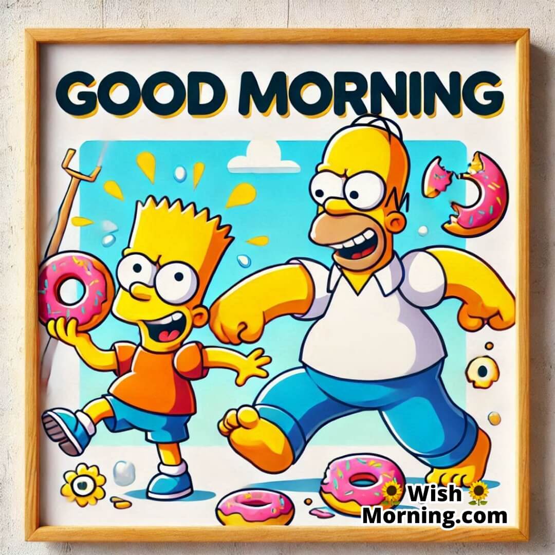 Homer and Bart Simpson sharing a fun Good Morning moment, playful and light-hearted,