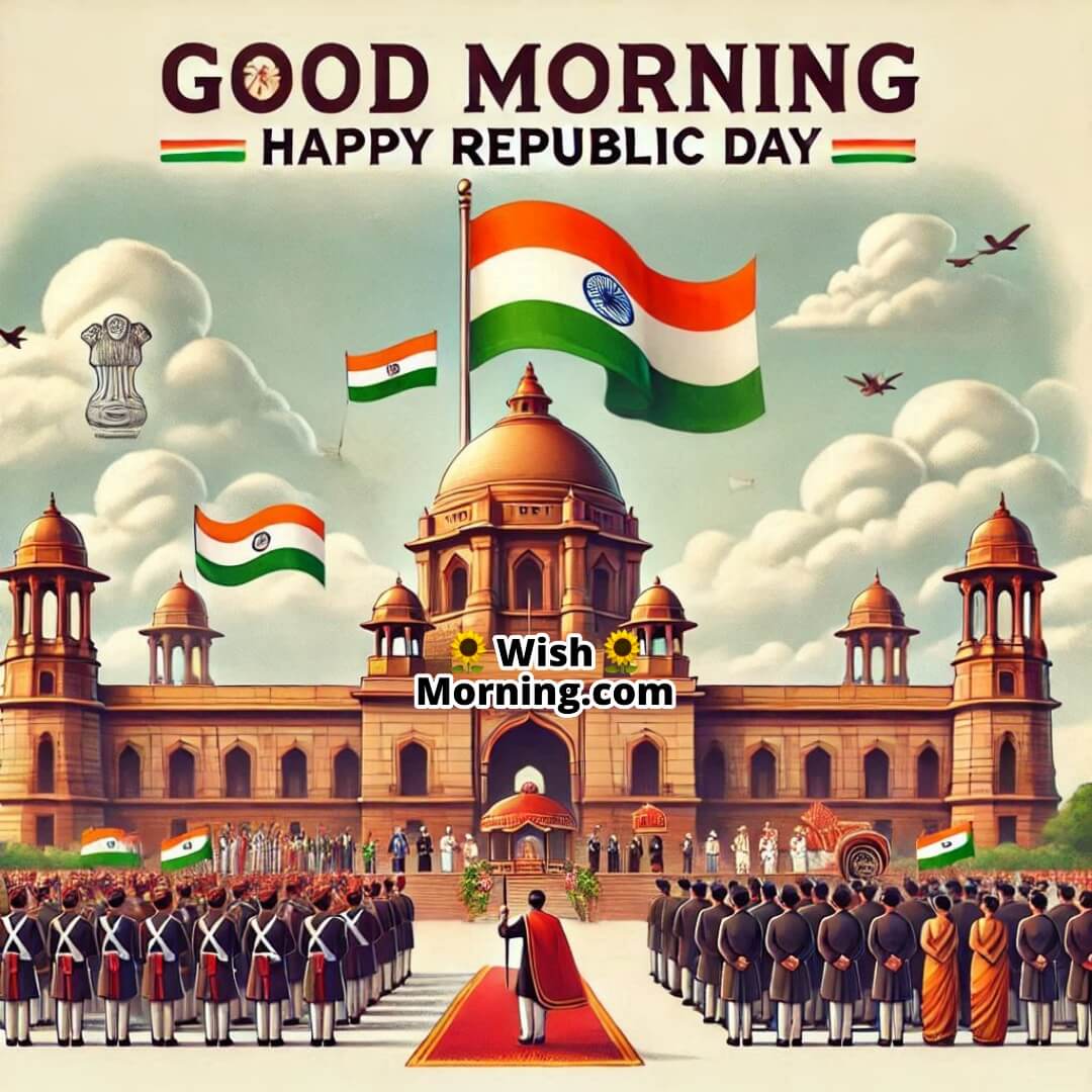 Republic Day ceremony with flag hoisting at Rashtrapati Bhavan and Good Morning Happy Republic Day.