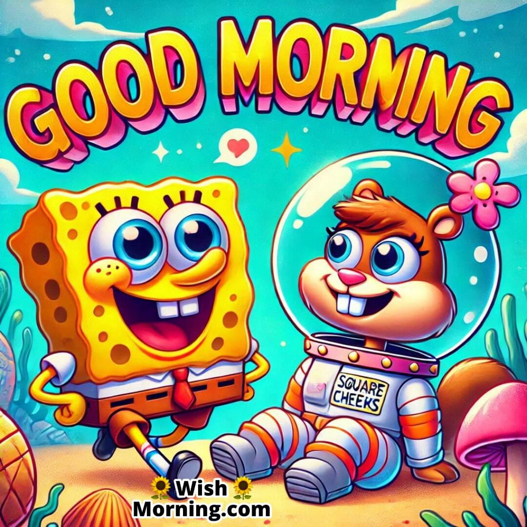 SpongeBob and Sandy Cheeks having a conversation in Bikini Bottom, lively Good Morning scene,