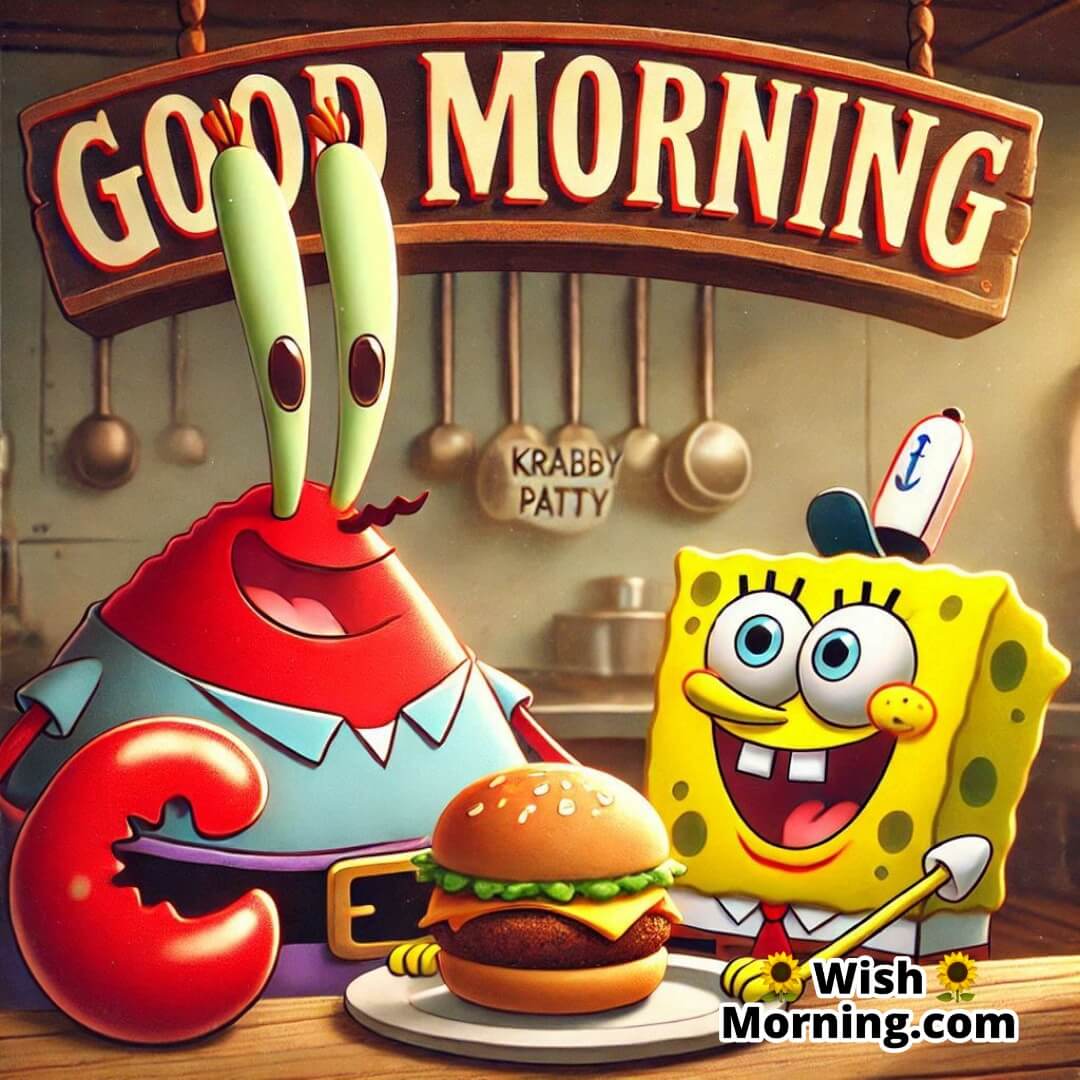 SpongeBob and Mr. Krabs working together in Krusty Krab, cheerful Good Morning scene,