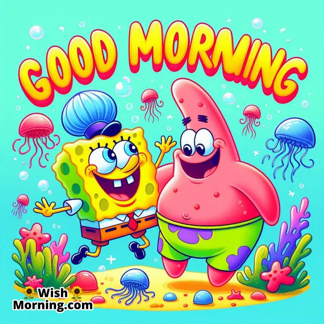 SpongeBob and Patrick on a jellyfish-catching adventure, smiling, surrounded by colorful coral, cheerful Good Morning scene,