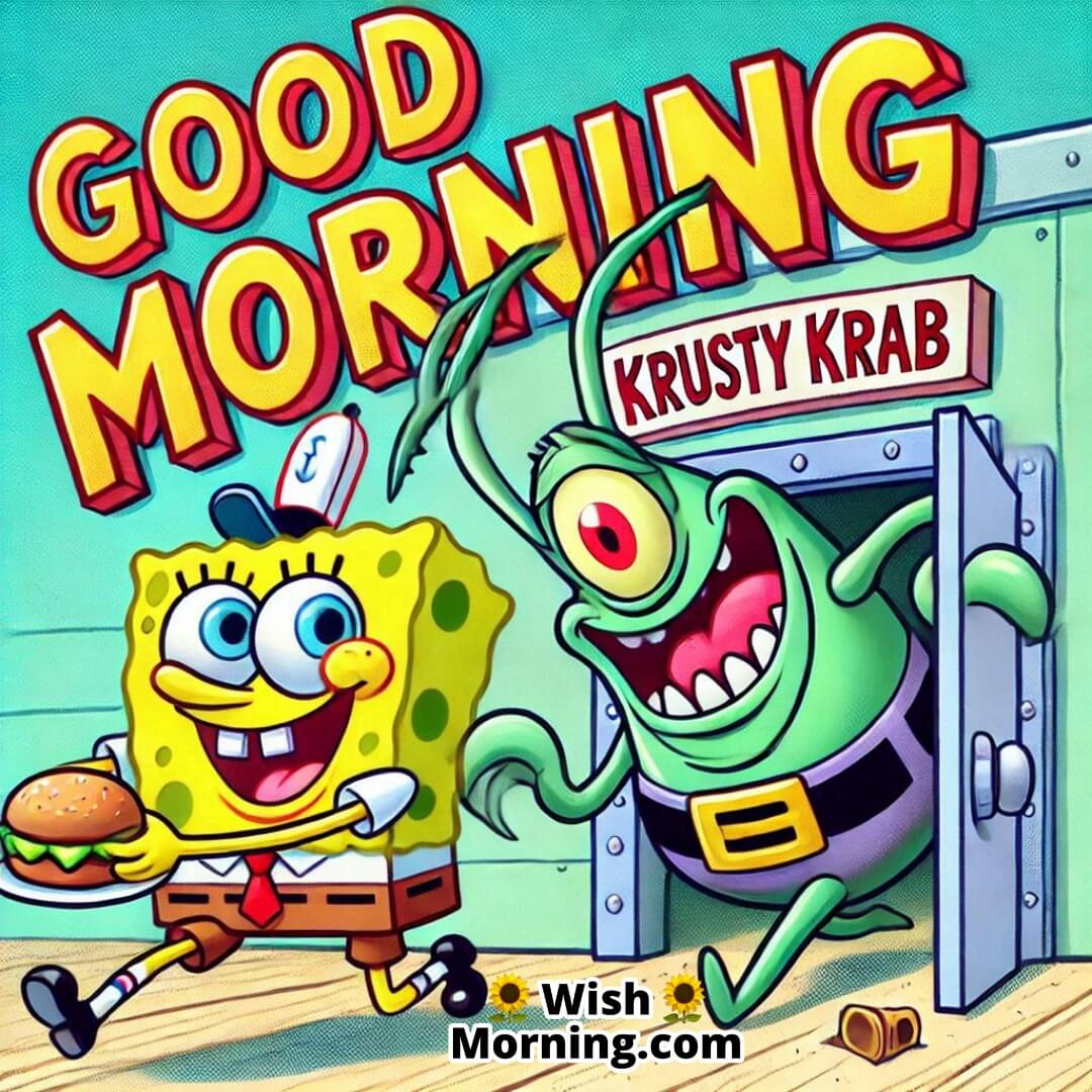 SpongeBob catching Plankton sneaking around, Krusty Krab backdrop, fun Good Morning rivalry scene,