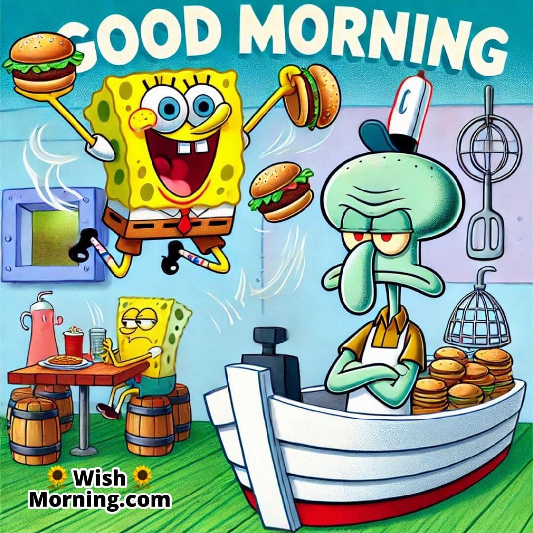 SpongeBob flipping Krabby Patties, Squidward irritated, humorous Good Morning Krusty Krab scene,