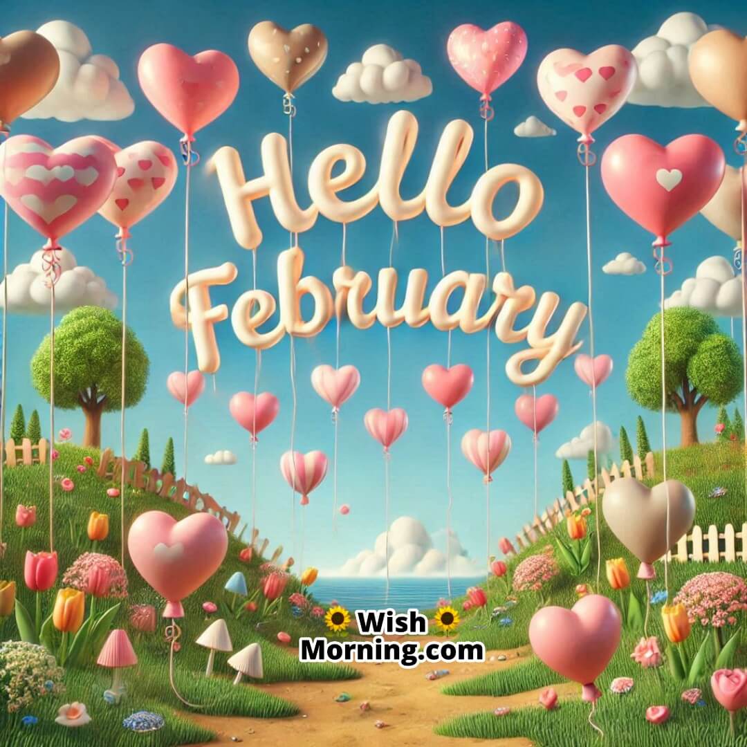 Hello February Heart Balloons Floating In The Sky