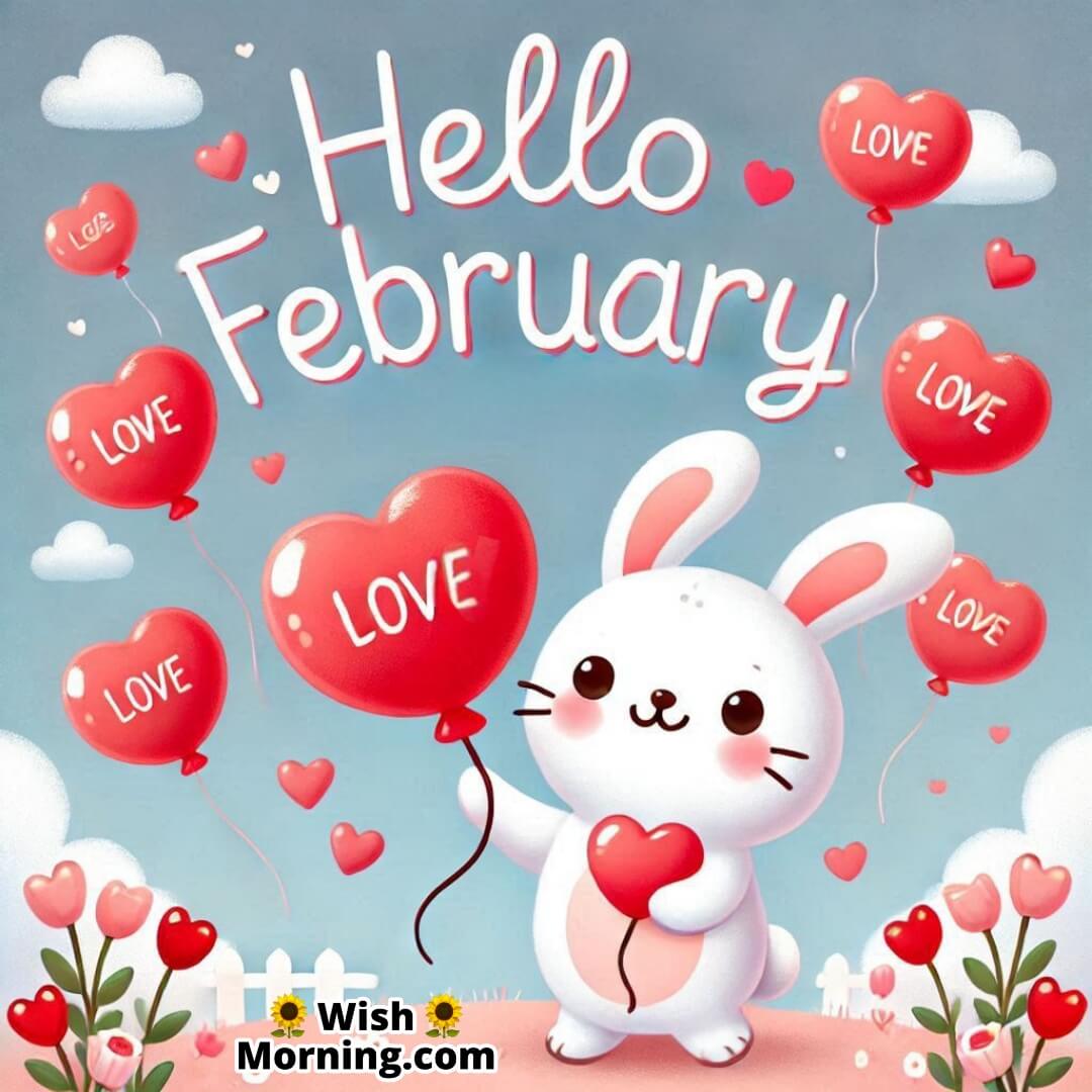 Hello February Rabbit Holding Heart Balloon