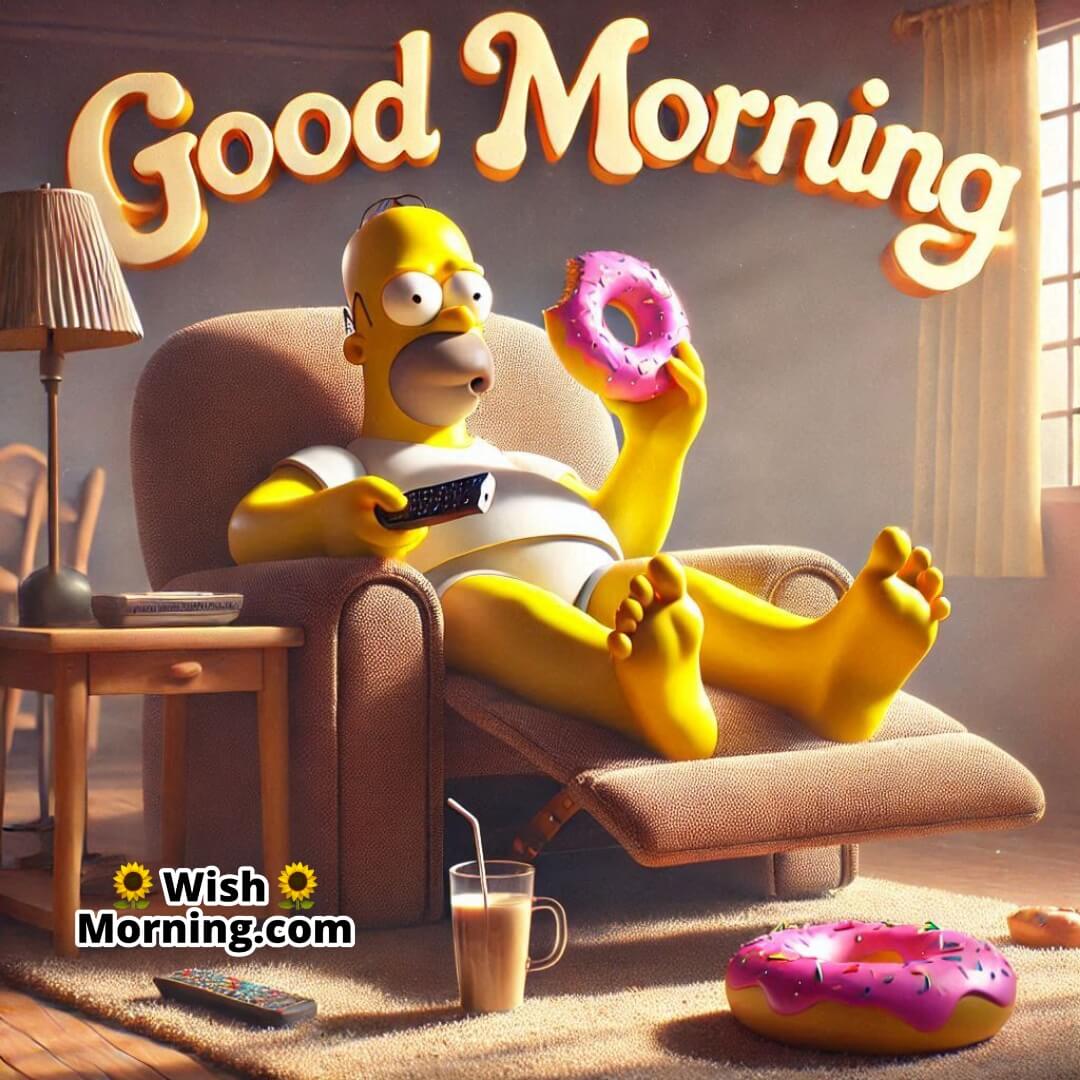 Homer Simpson relaxing in a Lazy Boy recliner with a donut, cozy Good Morning scene