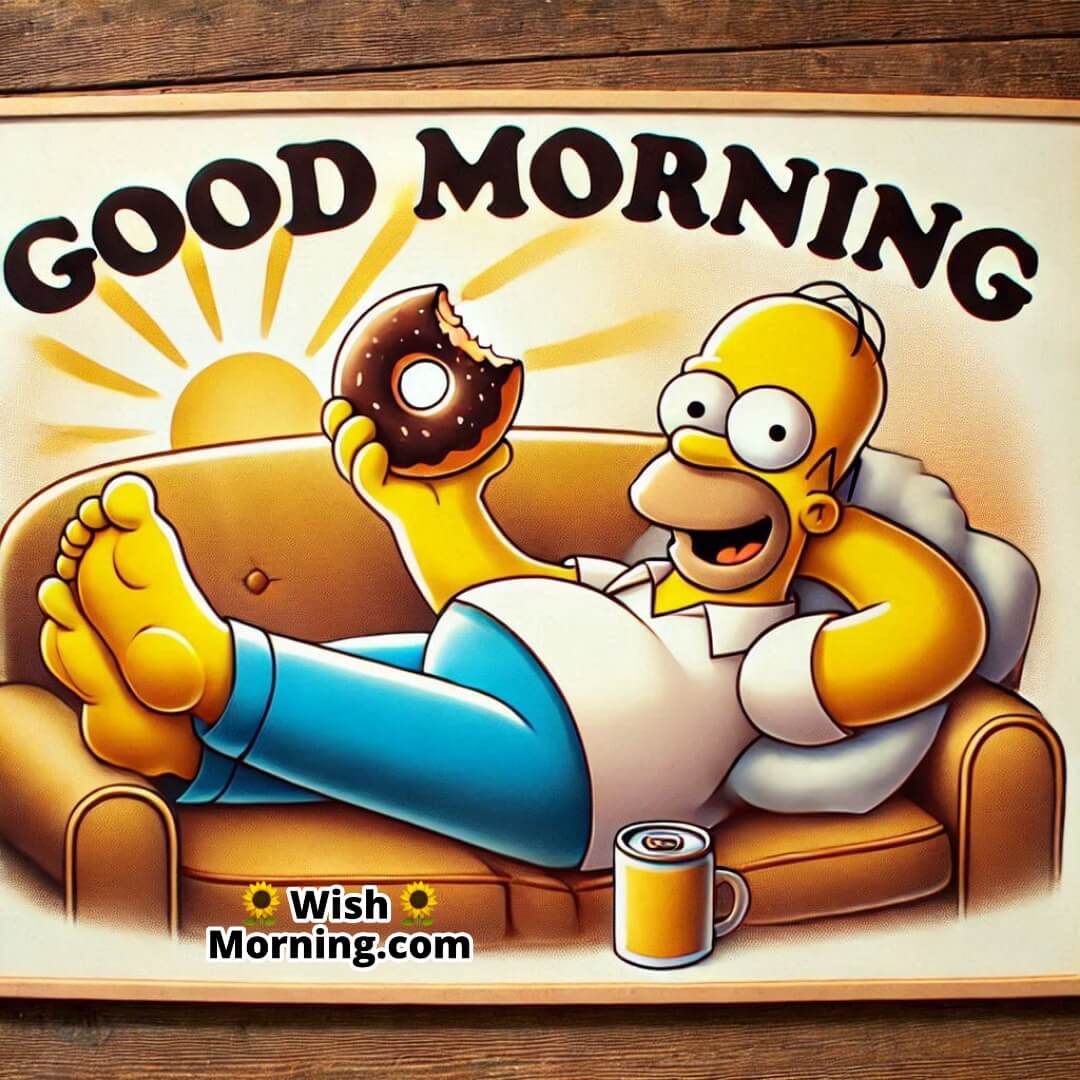 Homer Simpson relaxing on a couch with a donut, cheerful Good Morning scene,