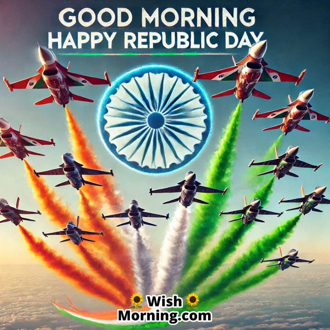 Fighter jets performing a Republic Day airshow with Good Morning Happy Republic Day in the sky.