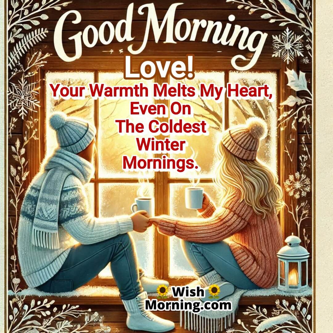 A romantic winter morning scene with a couple near a frosty window, symbolizing warmth and love amidst the cold.