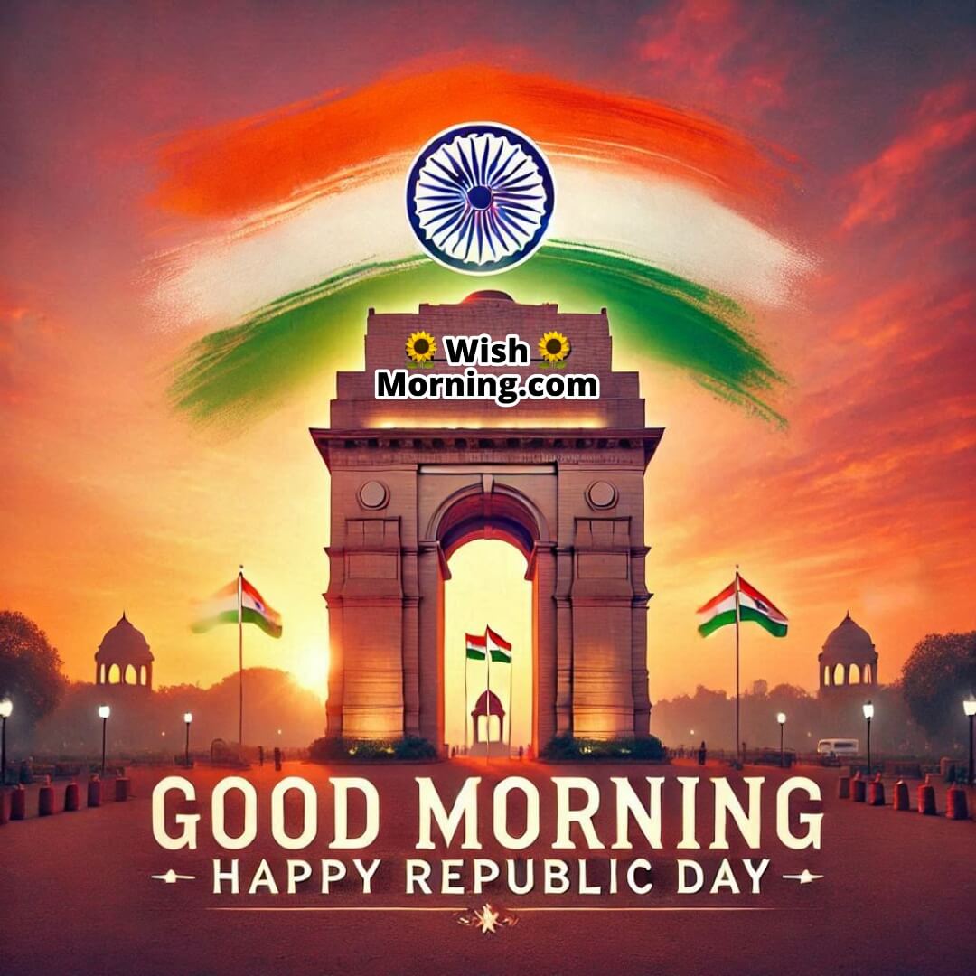 Sunrise over India Gate with the Indian flag and Good Morning Happy Republic Day in the sky.