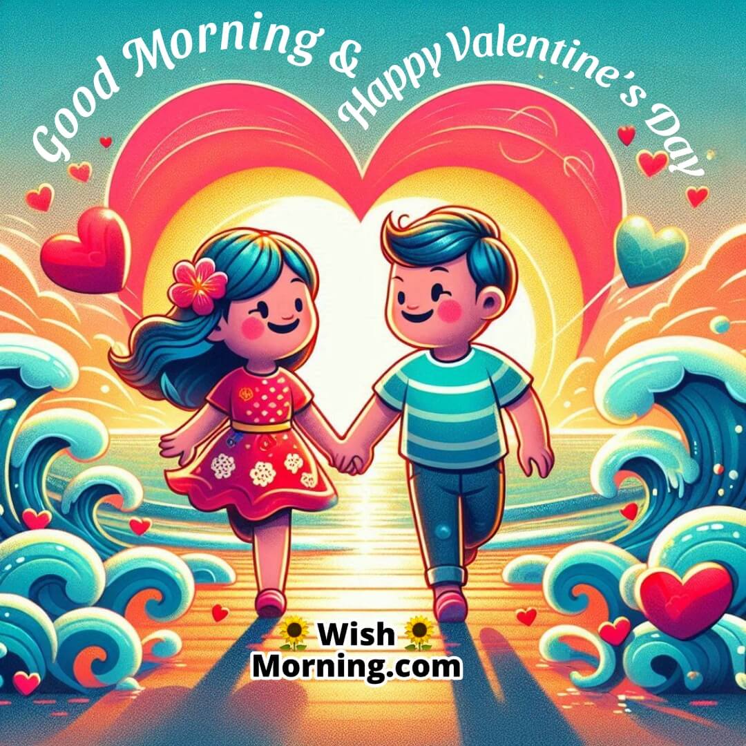 A couple walking hand in hand along the beach at sunrise, with waves forming heart-shaped patterns and Good Morning Happy Valentine’s Day text glowing in the sky, symbolizing love and serenity.