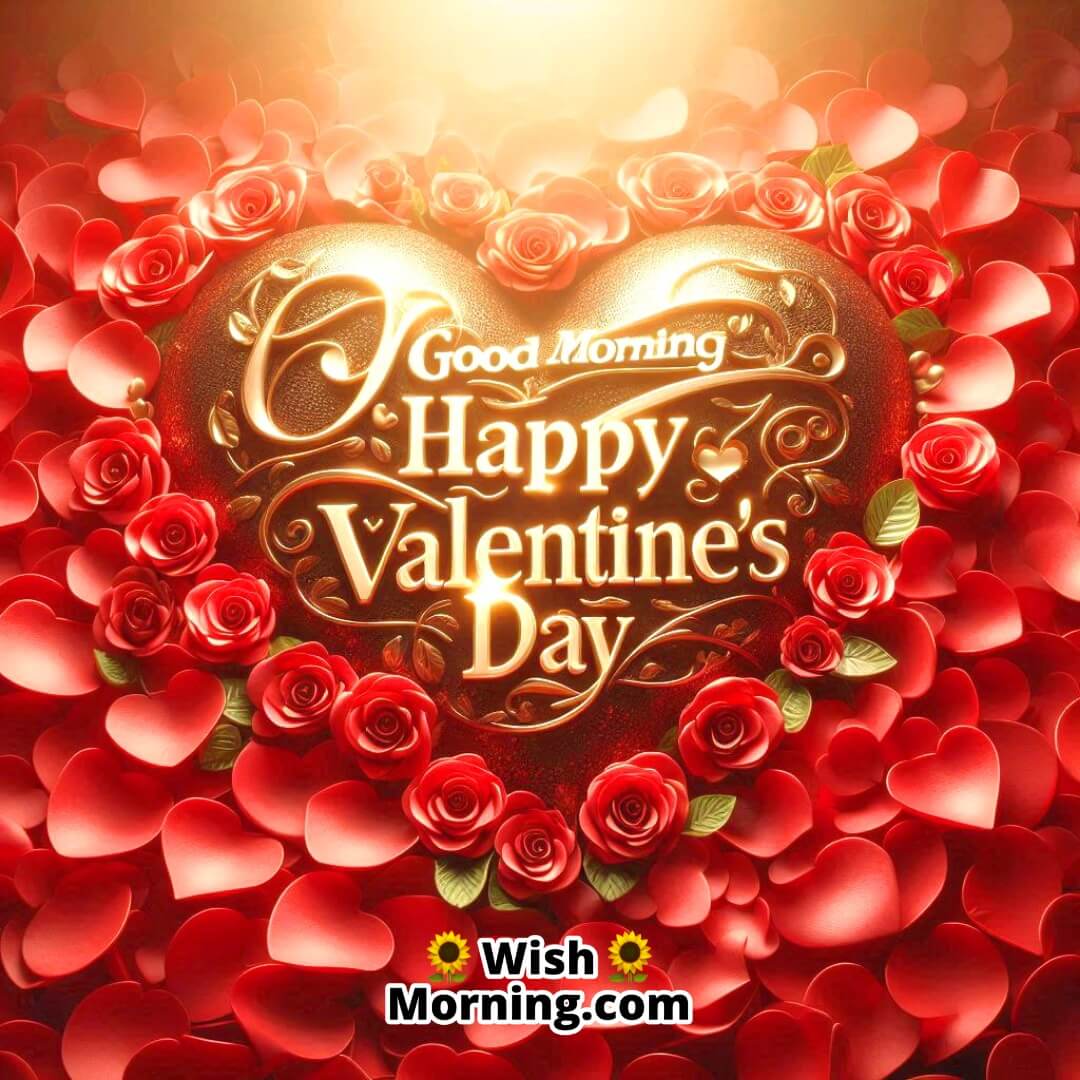 A heart of red rose petals glowing in soft golden light, with Good Morning Happy Valentine’s Day text in the center, radiating love and warmth.