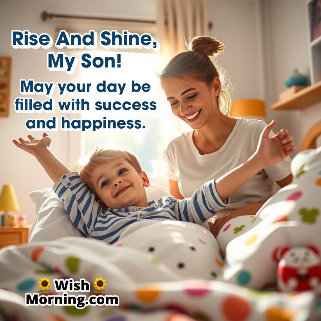 A mother waking her son with a warm smile, symbolizing care, positivity, and a fresh start to the day.