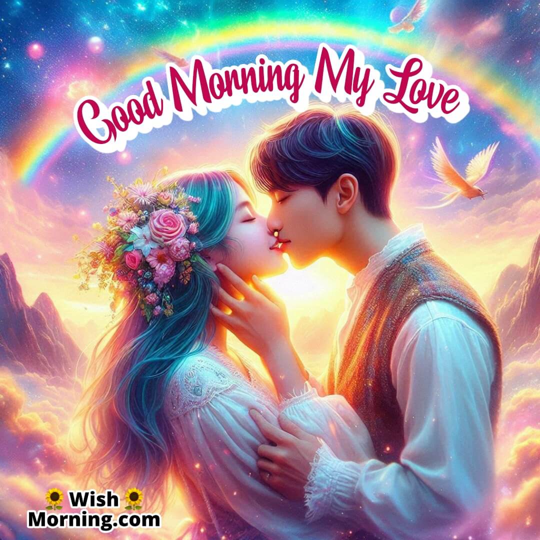 A romantic couple kissing under a vibrant rainbow, filled with cheerful morning vibes.