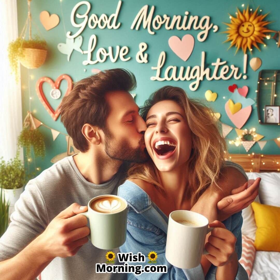 A cheerful couple laughing and kissing in a warm, happy morning setting.