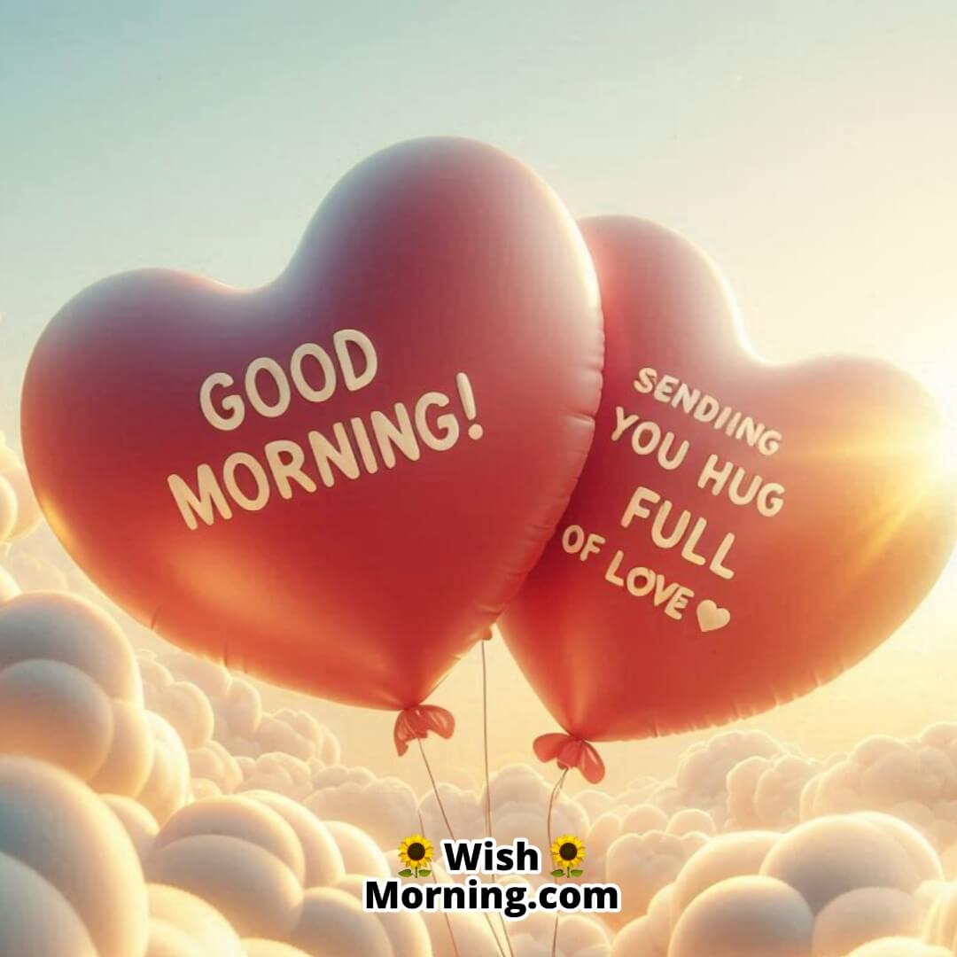 Two heart-shaped balloons hugging in the morning sky, symbolizing love and happiness.