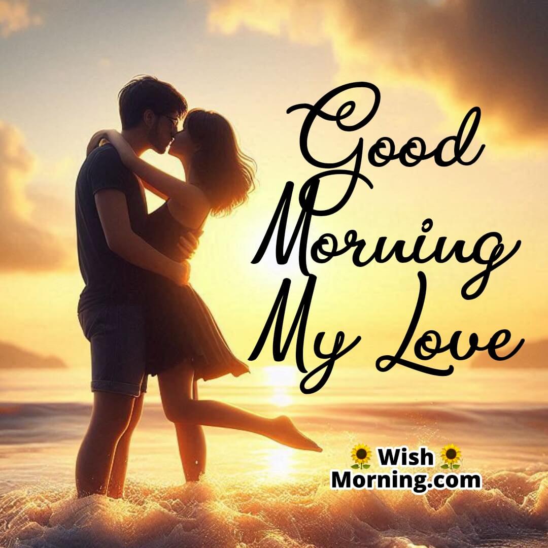 A silhouette of a couple kissing at sunrise by the beach, symbolizing romance and peaceful mornings.