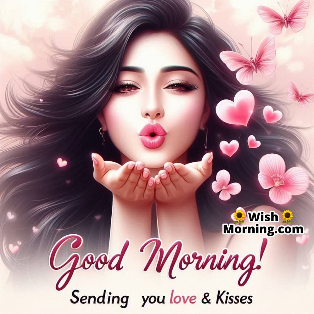 A woman blowing a morning kiss with floating hearts, symbolizing love, affection, and happiness.