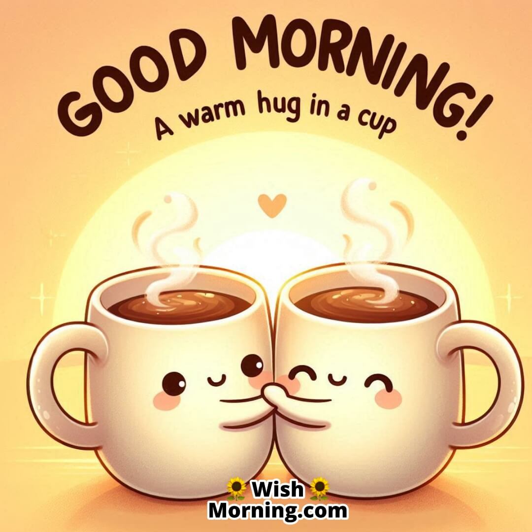 Two hugging coffee mugs with steam rising, symbolizing warmth and connection in the morning.