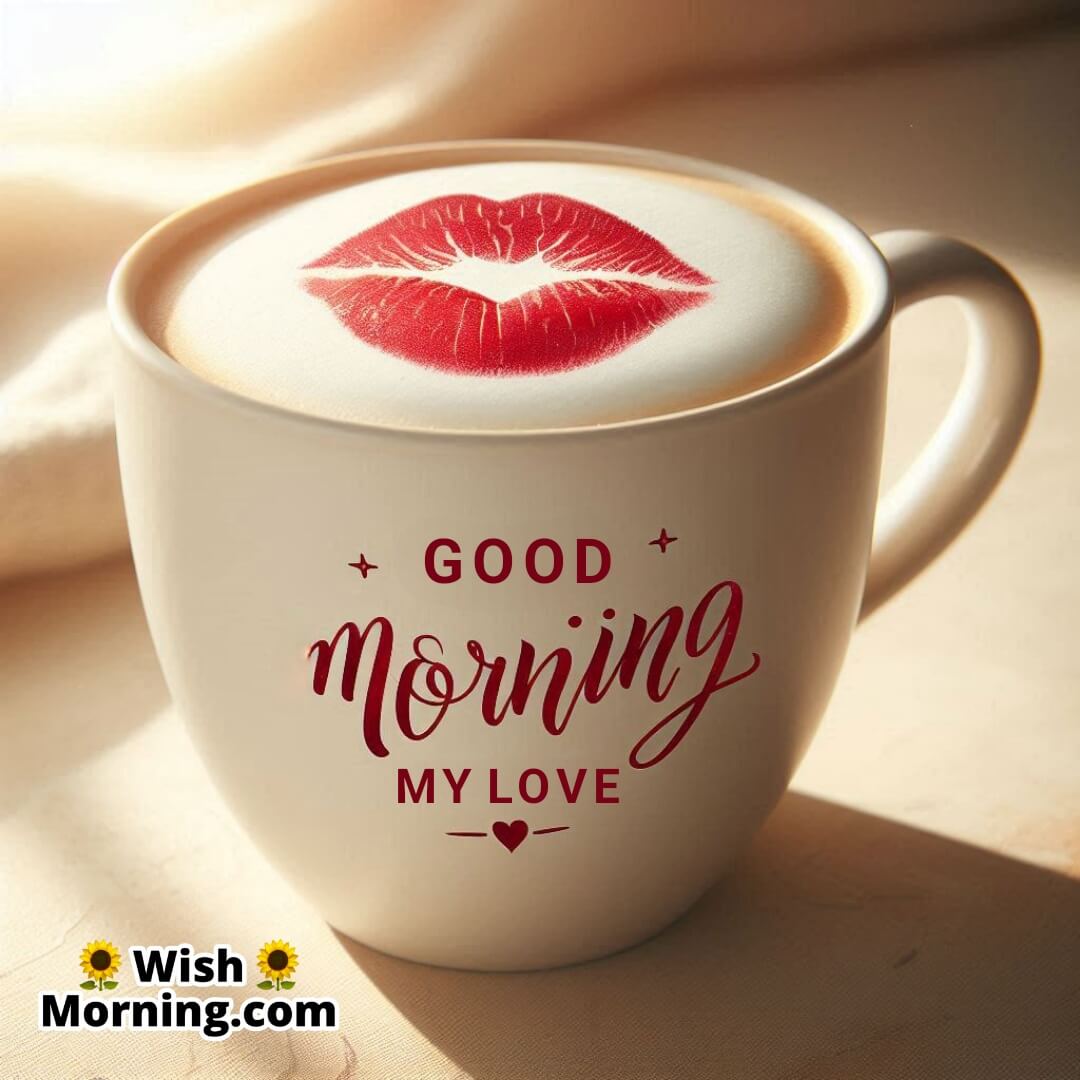 A coffee mug with a red lipstick kiss mark, symbolizing romance and a warm morning greeting.