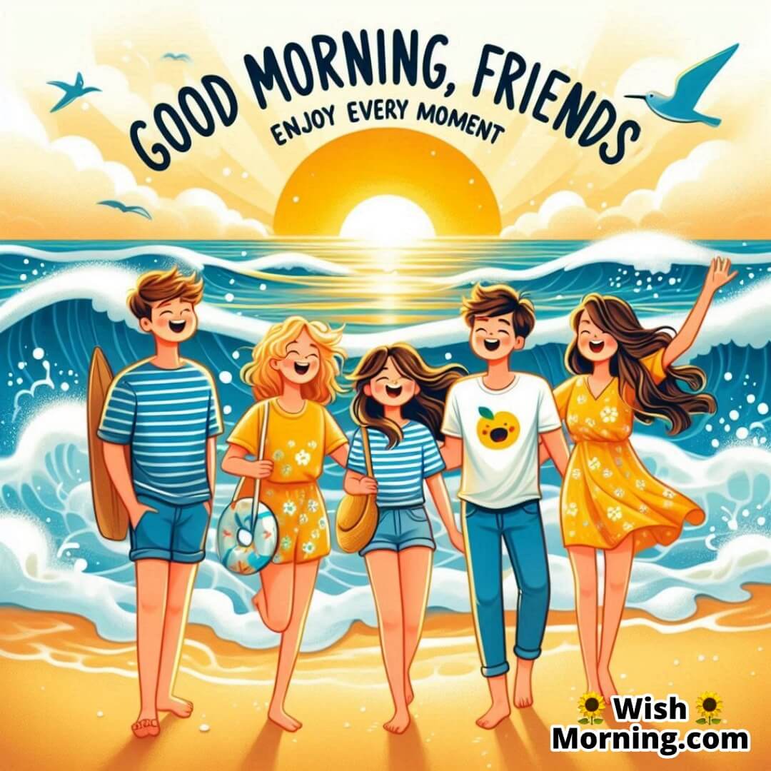 A group of friends laughing on the beach during sunrise, symbolizing happiness and togetherness.