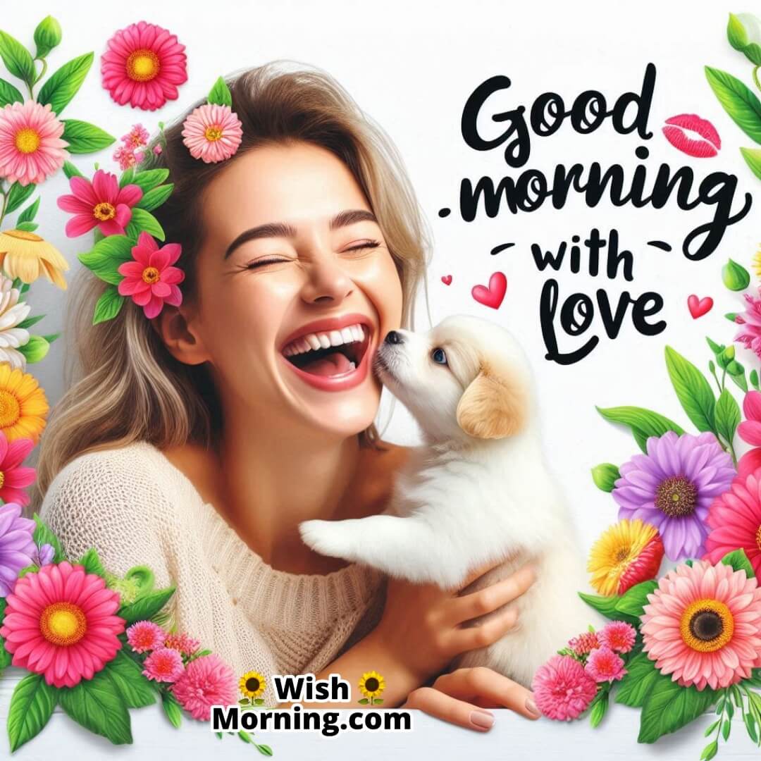 A cheerful and playful image of a woman laughing as a tiny puppy gives her a morning kiss on the cheek, surrounded by vibrant flowers. "Good Morning with Love" is written in a fun and lively style.