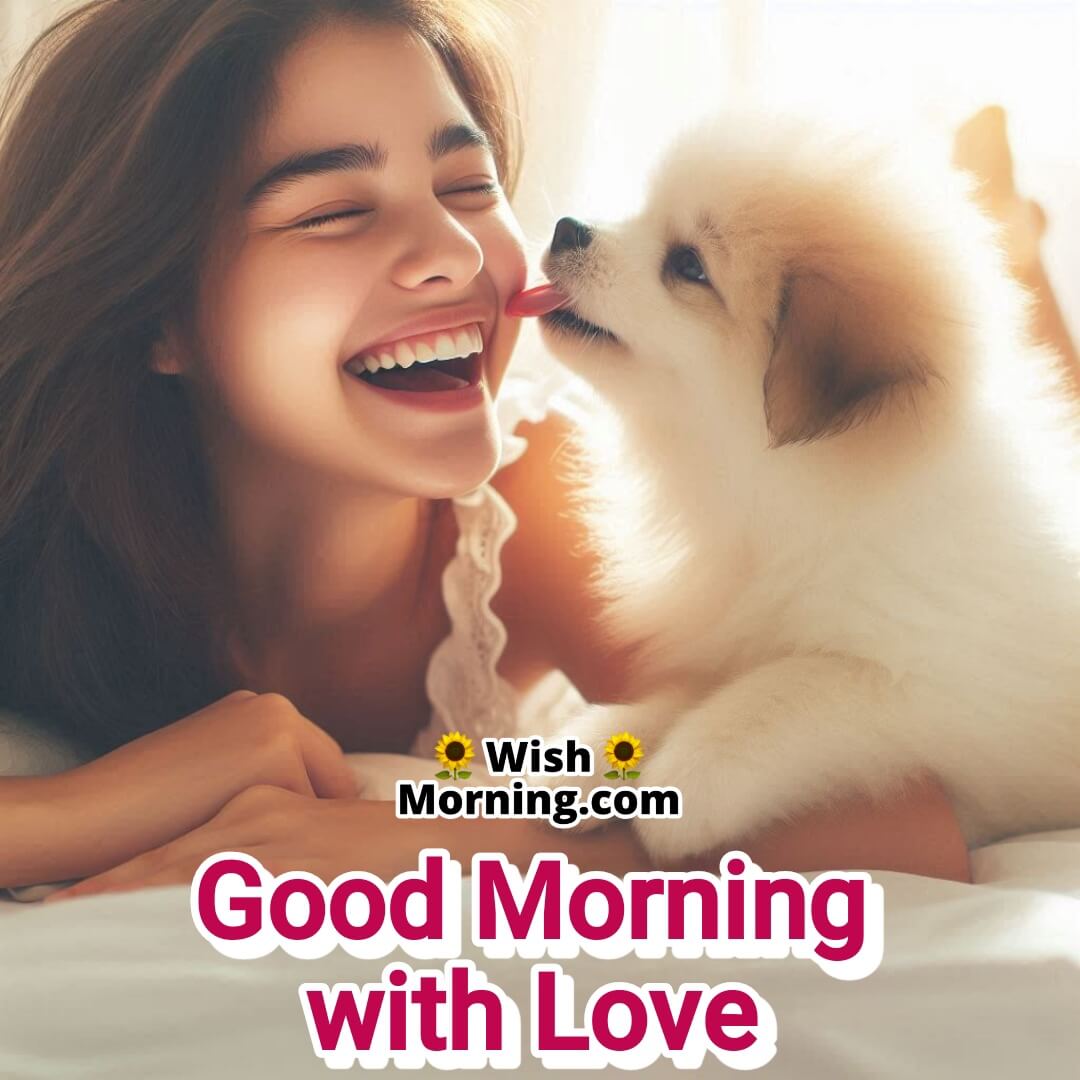 A cute puppy kissing a woman’s cheek in the morning, symbolizing affection, warmth, and a joyful start to the day.