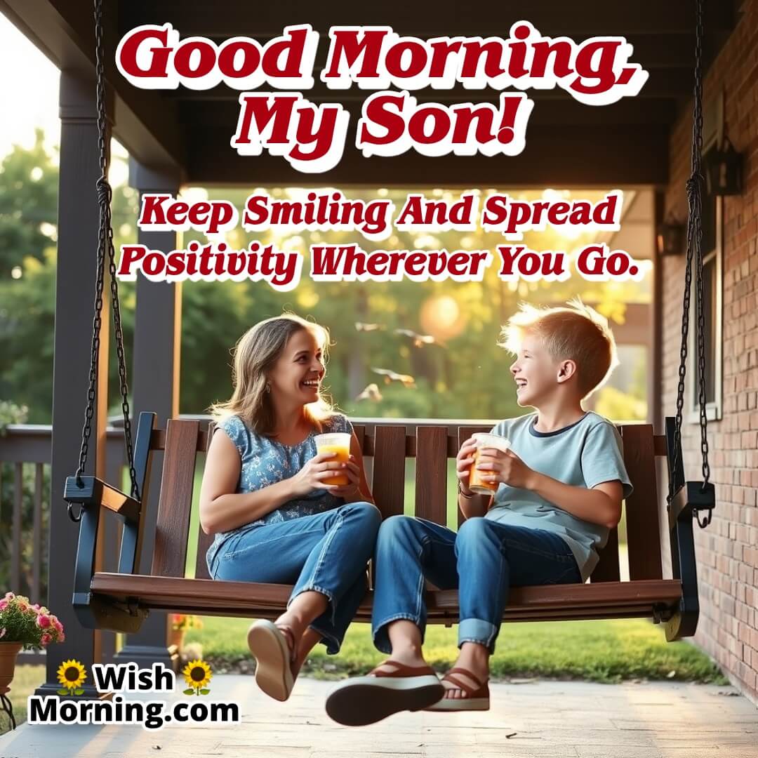 A mother and son sharing laughter on a porch swing, symbolizing joy, bonding, and a fresh morning start.