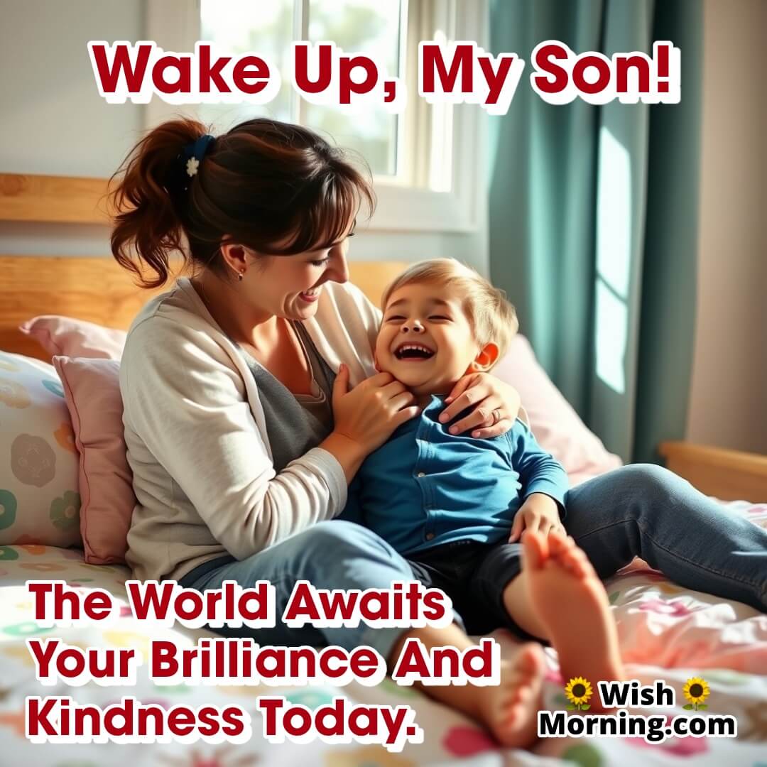 A mother playfully waking up her son, symbolizing happiness, warmth, and the joy of a new day.