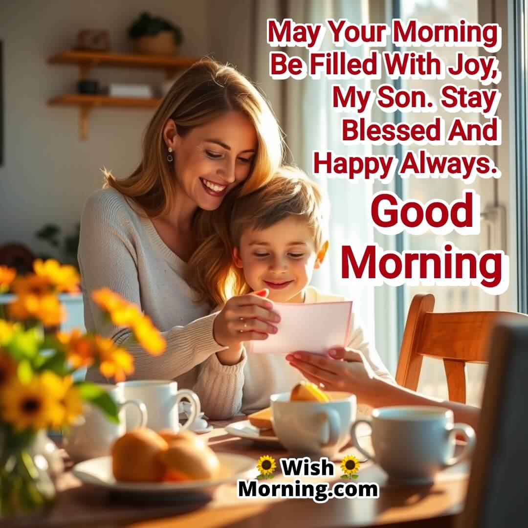 A mother giving her son a surprise note at breakfast, symbolizing love, warmth, and positive energy.