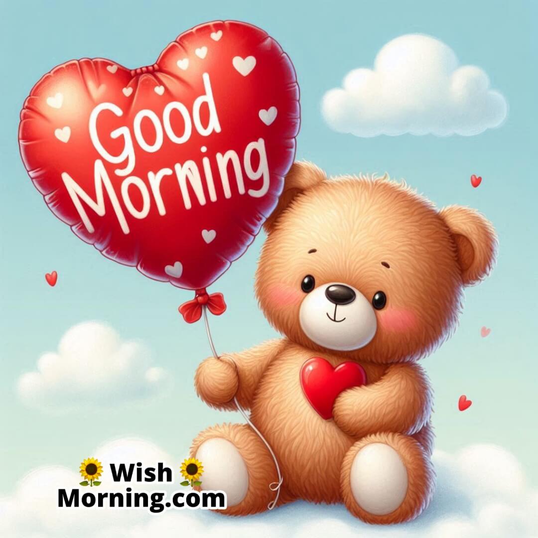 Good Morning Teddy With Heart Balloon Pic