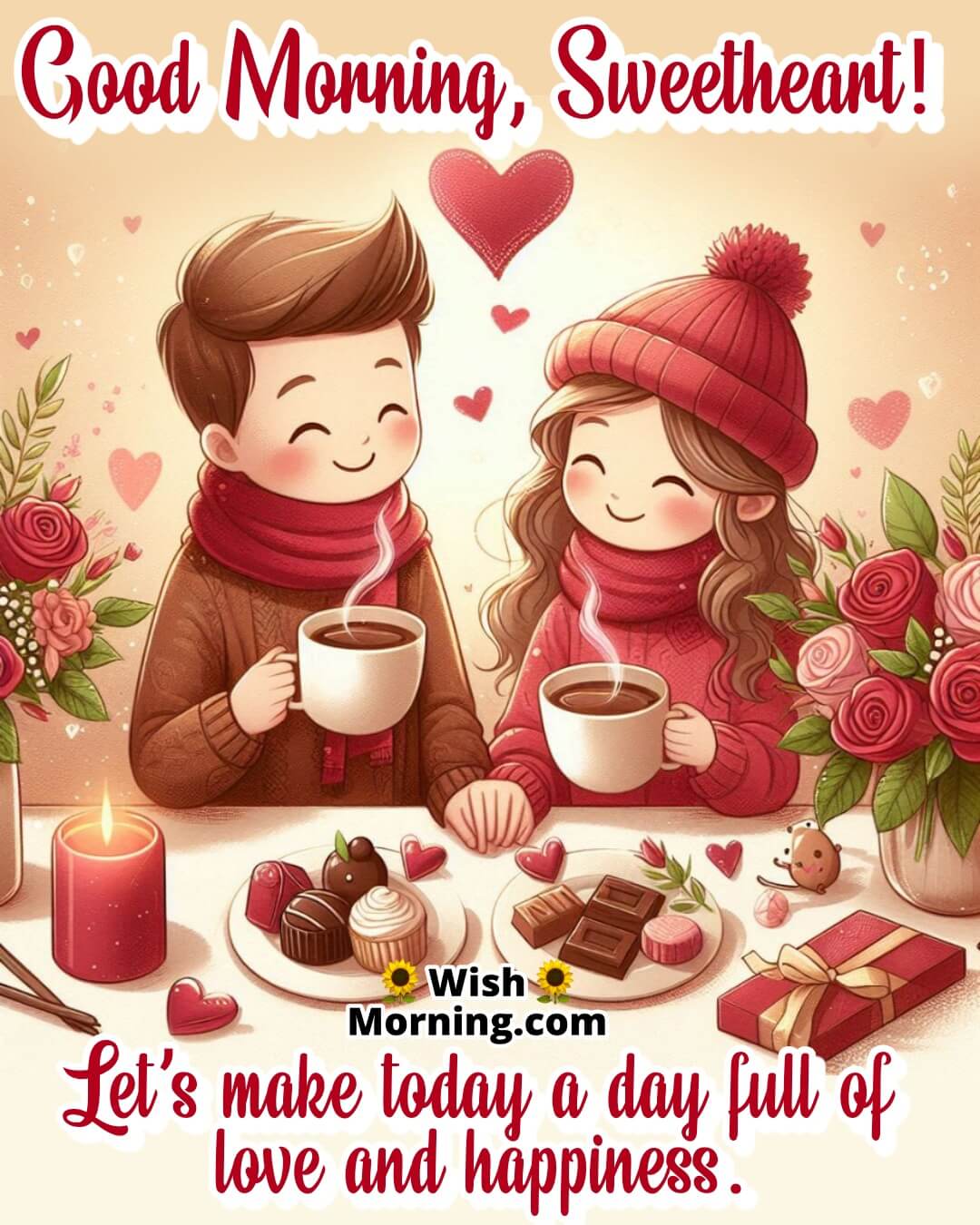 A couple enjoying morning coffee together, surrounded by roses and chocolates, symbolizing love and sweet Valentine’s Day wishes.