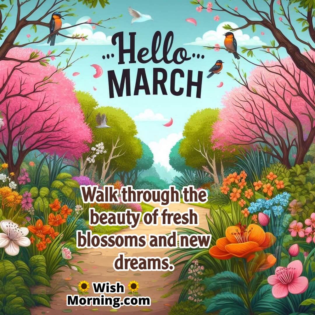 Hello March Blooming Trees And Peaceful Path Card