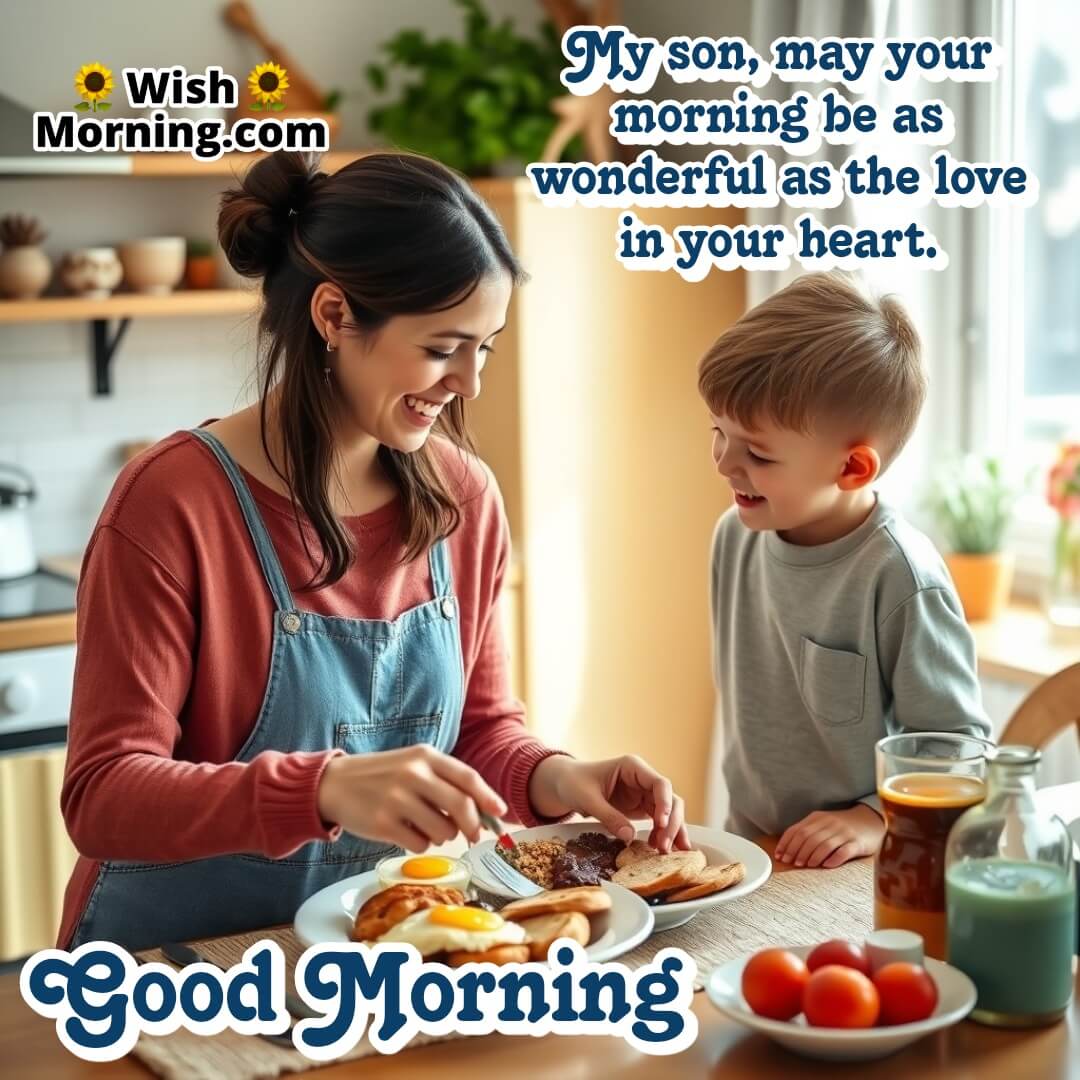 A mother serving breakfast to her son, symbolizing love, nourishment, and a joyful start to the day.