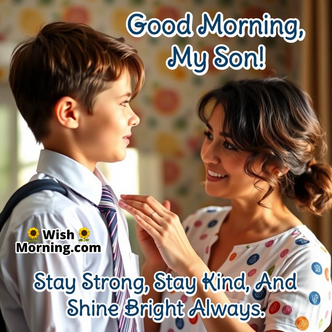 A mother encouraging her son as he prepares for the day, symbolizing confidence, support, and love.