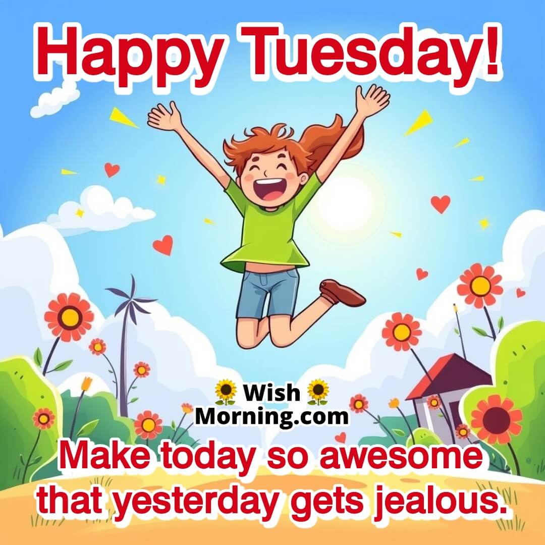 A joyful person jumping in the air, radiating positivity on a bright Tuesday morning.