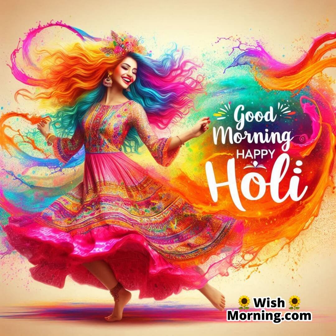 Good Morning Happy Holi Dancing Woman