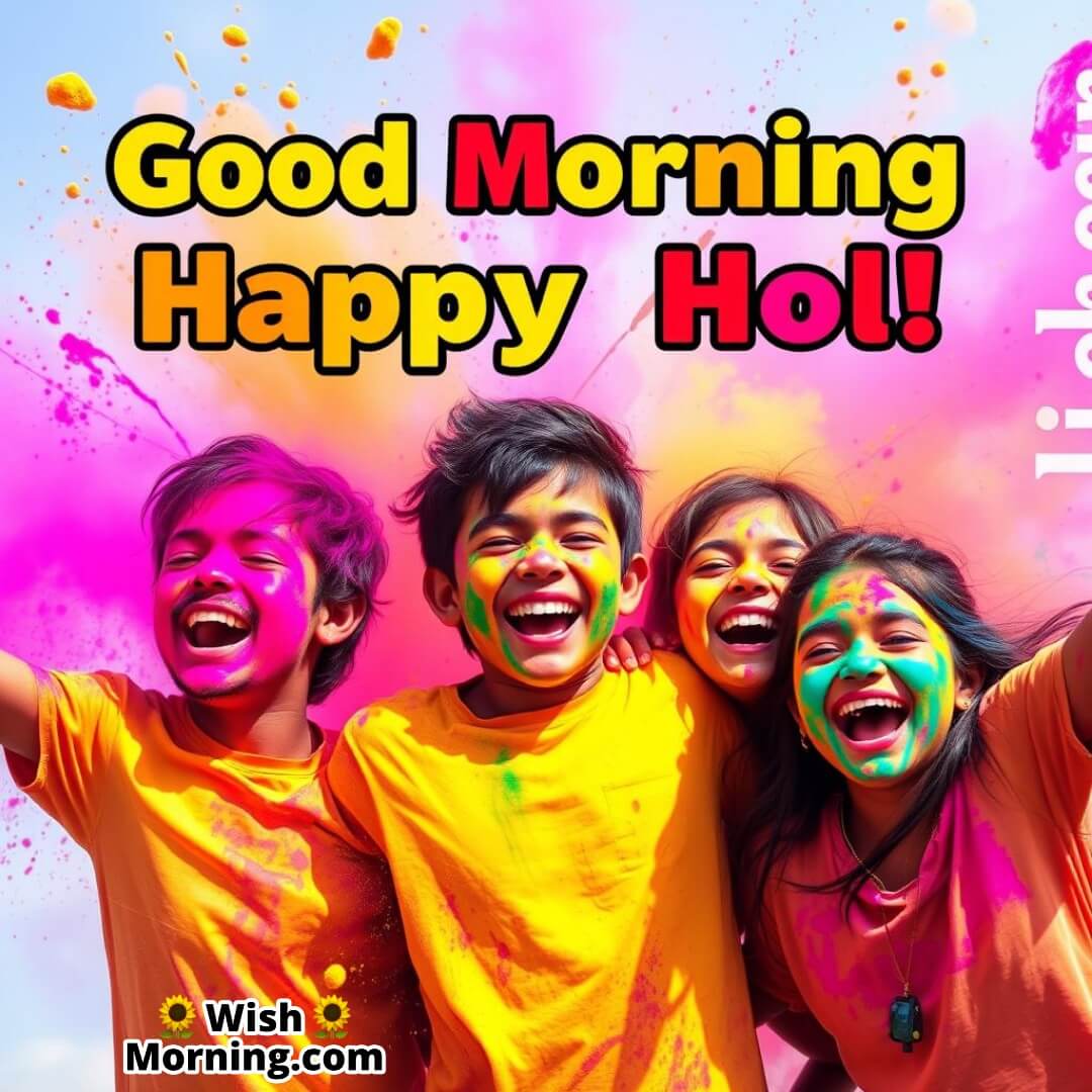 Good Morning Happy Holi Image With Kids Playing