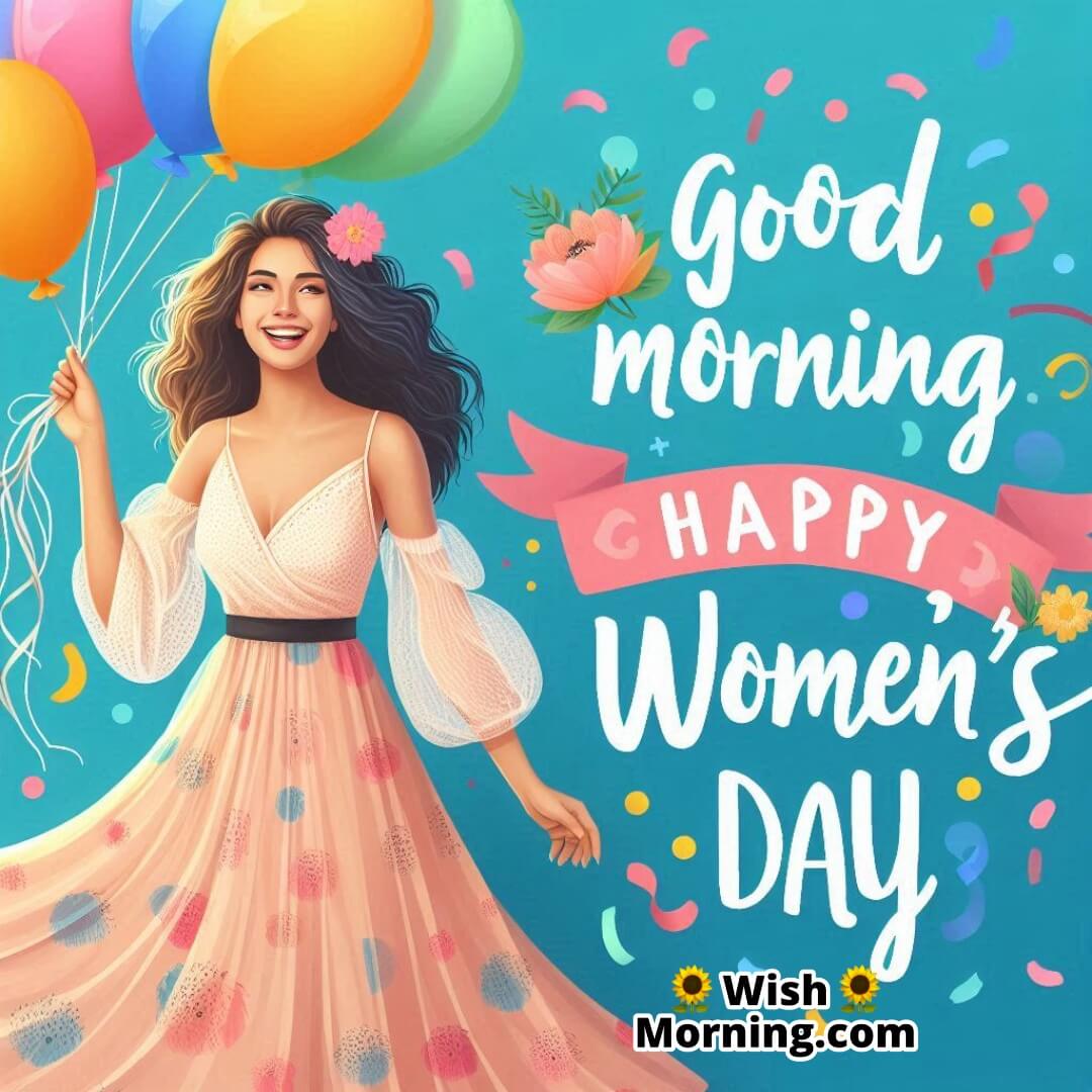 A joyful woman holding colorful balloons under a bright sky, celebrating Women’s Day.