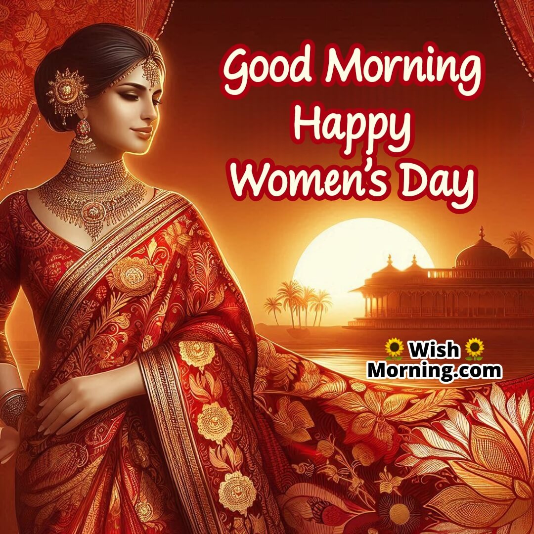 A beautiful woman in a red and gold sari, celebrating Women’s Day with a morning greeting.